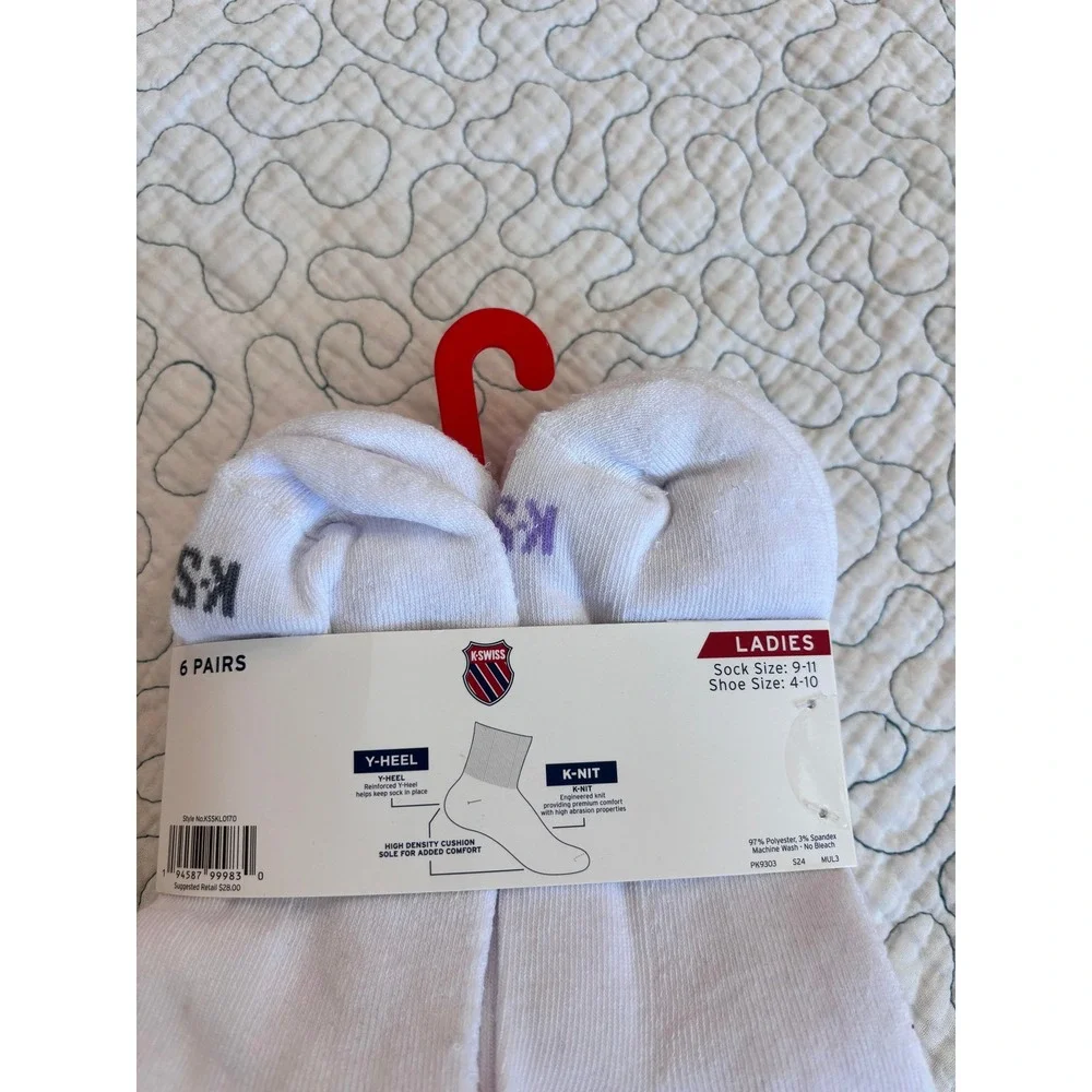 K-Swiss Ladies 6 Pairs White Ankle Socks K-NIT Y-Heel Size 9-11